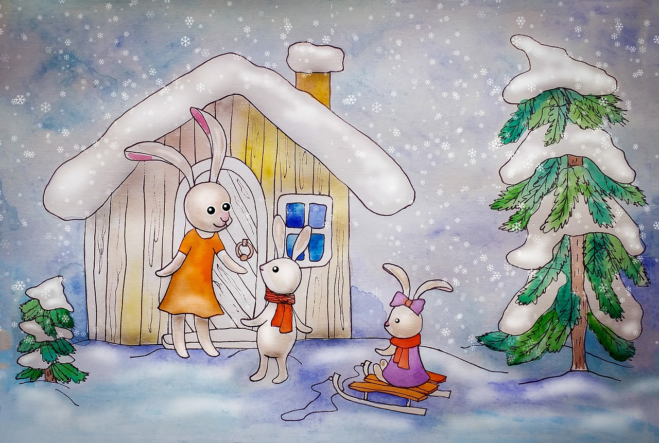 winter, rabbits, house, family, mom, kids, nature, rabbit, hut, snow, forest, snowfall, animals, watercolor, painting, bunny, design, childrens illustration, artist, for children, illustration, children's plot, rabbit, rabbit, illustration, illustration, illustration, illustration, illustration
